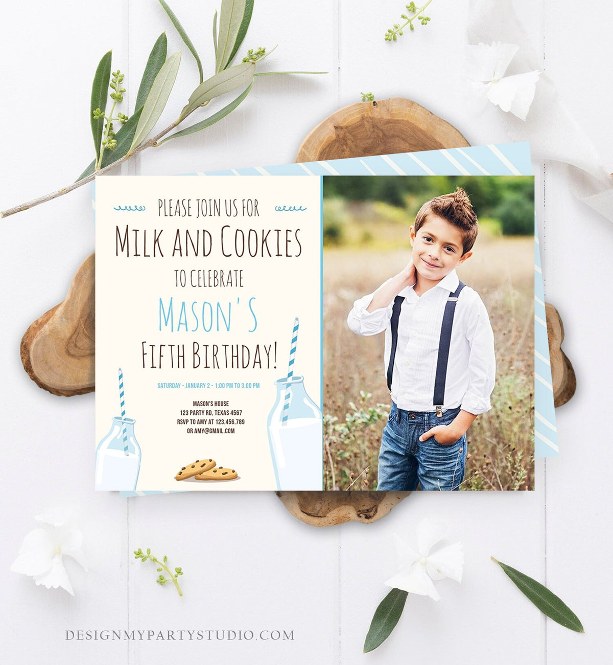Editable Milk and Cookies Birthday Invitation Milk &amp; Cookies Party Boy Blue Sweet Chocolate Chip Cookie Corjl Template Printable 0088