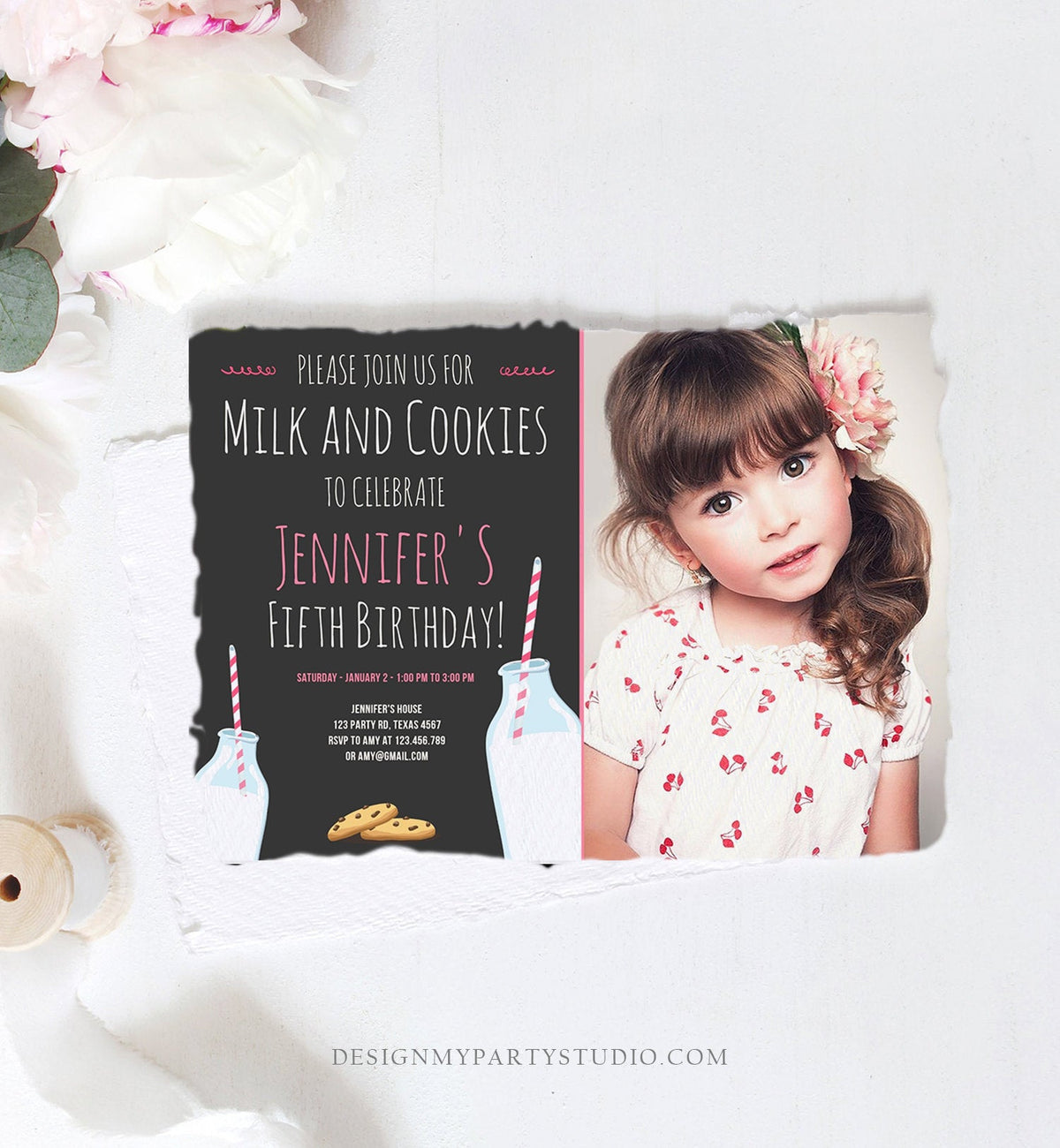 Editable Milk and Cookies Birthday Invitation Milk &amp; Cookies Party Girl Pink Sweet Chocolate Chip Cookie Corjl Template Printable 0088