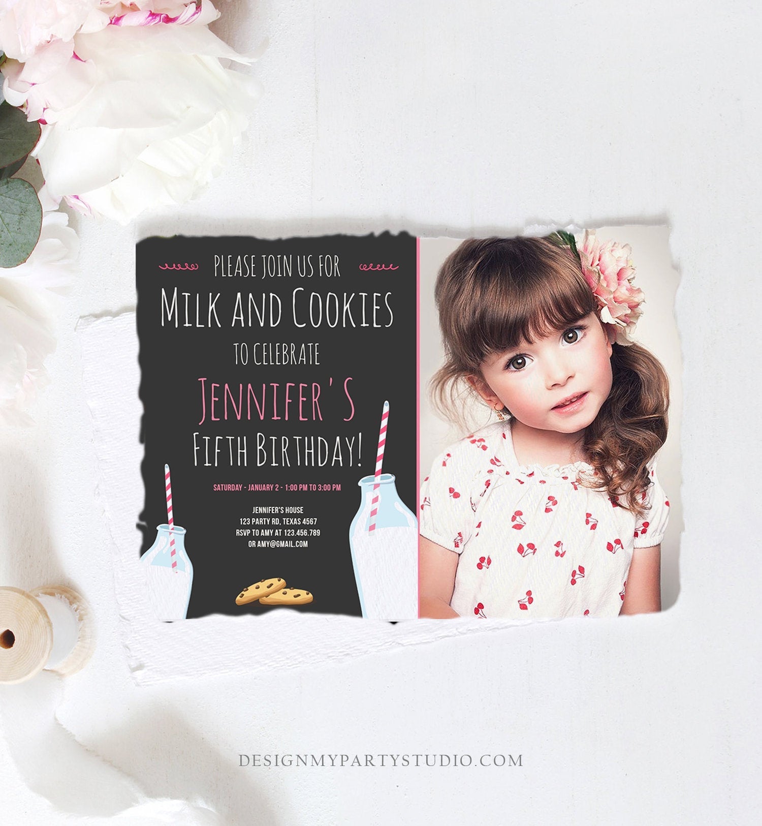 Editable Milk and Cookies Birthday Invitation Milk & Cookies Party Girl Pink Sweet Chocolate Chip Cookie Corjl Template Printable 0088