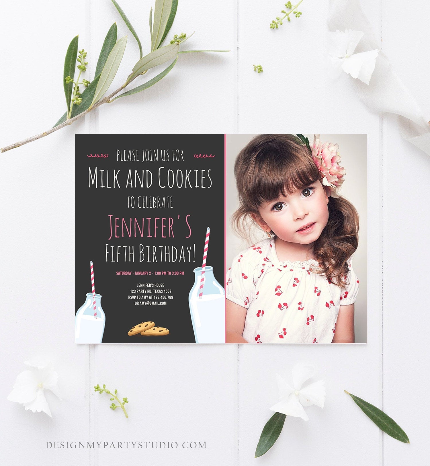 Editable Milk and Cookies Birthday Invitation Milk & Cookies Party Girl Pink Sweet Chocolate Chip Cookie Corjl Template Printable 0088