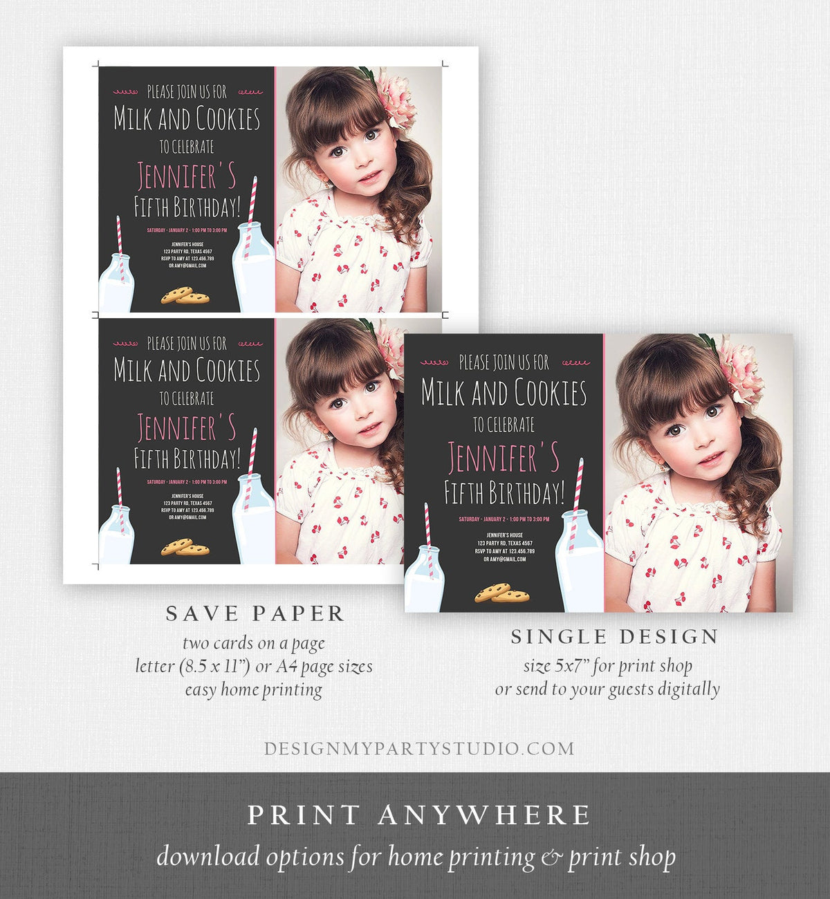 Editable Milk and Cookies Birthday Invitation Milk &amp; Cookies Party Girl Pink Sweet Chocolate Chip Cookie Corjl Template Printable 0088