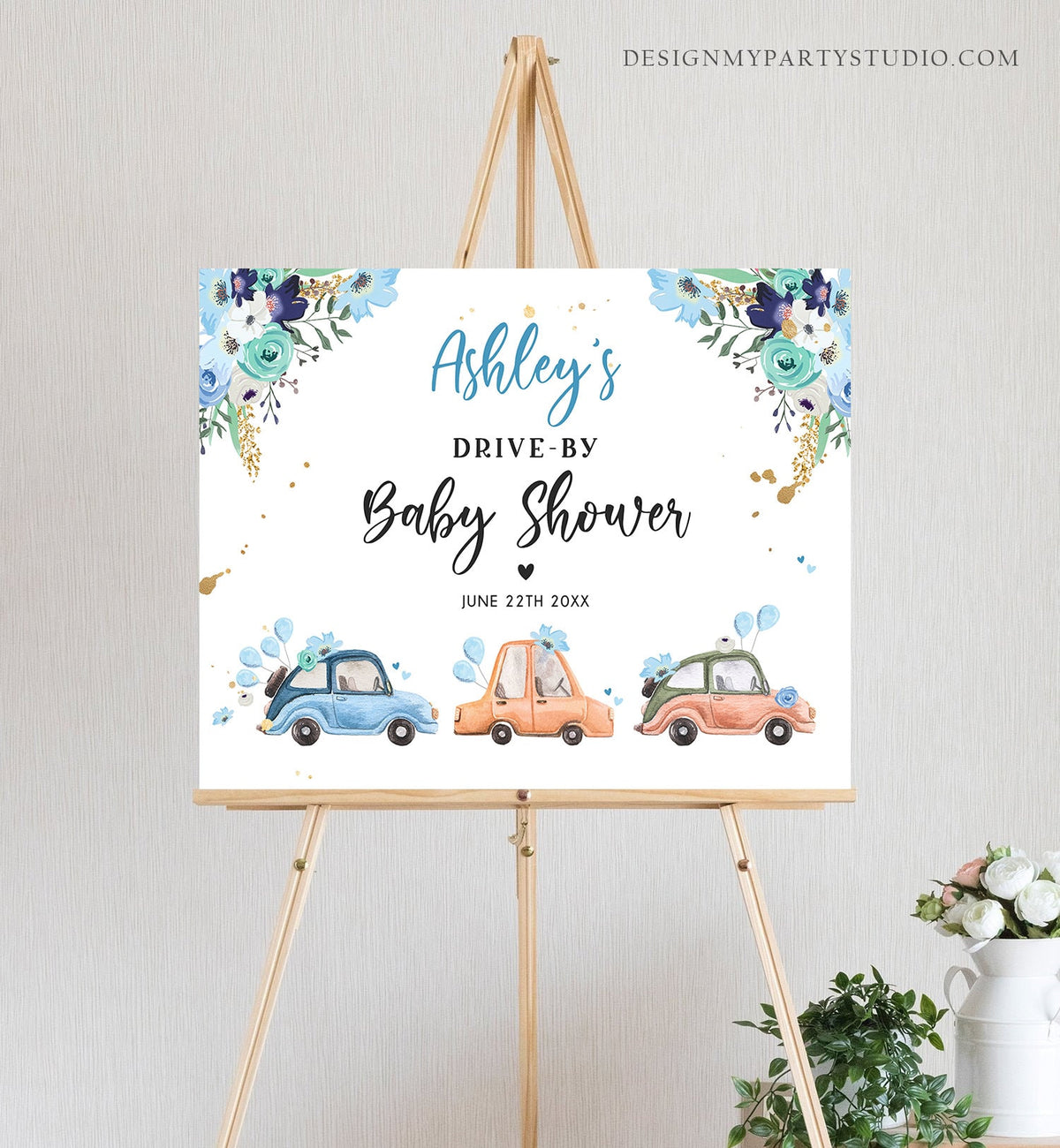 Editable Drive By Baby Shower Sign Welcome Navy Blue Gold Floral Boy Quarantine Party Drive Through Parade Yard Sign Corjl Template 0335