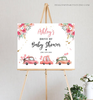 Editable Drive By Baby Shower Sign Welcome Pink Gold Floral Girl Couples Quarantine Party Drive Through Parade Yard Sign Corjl Template 0335