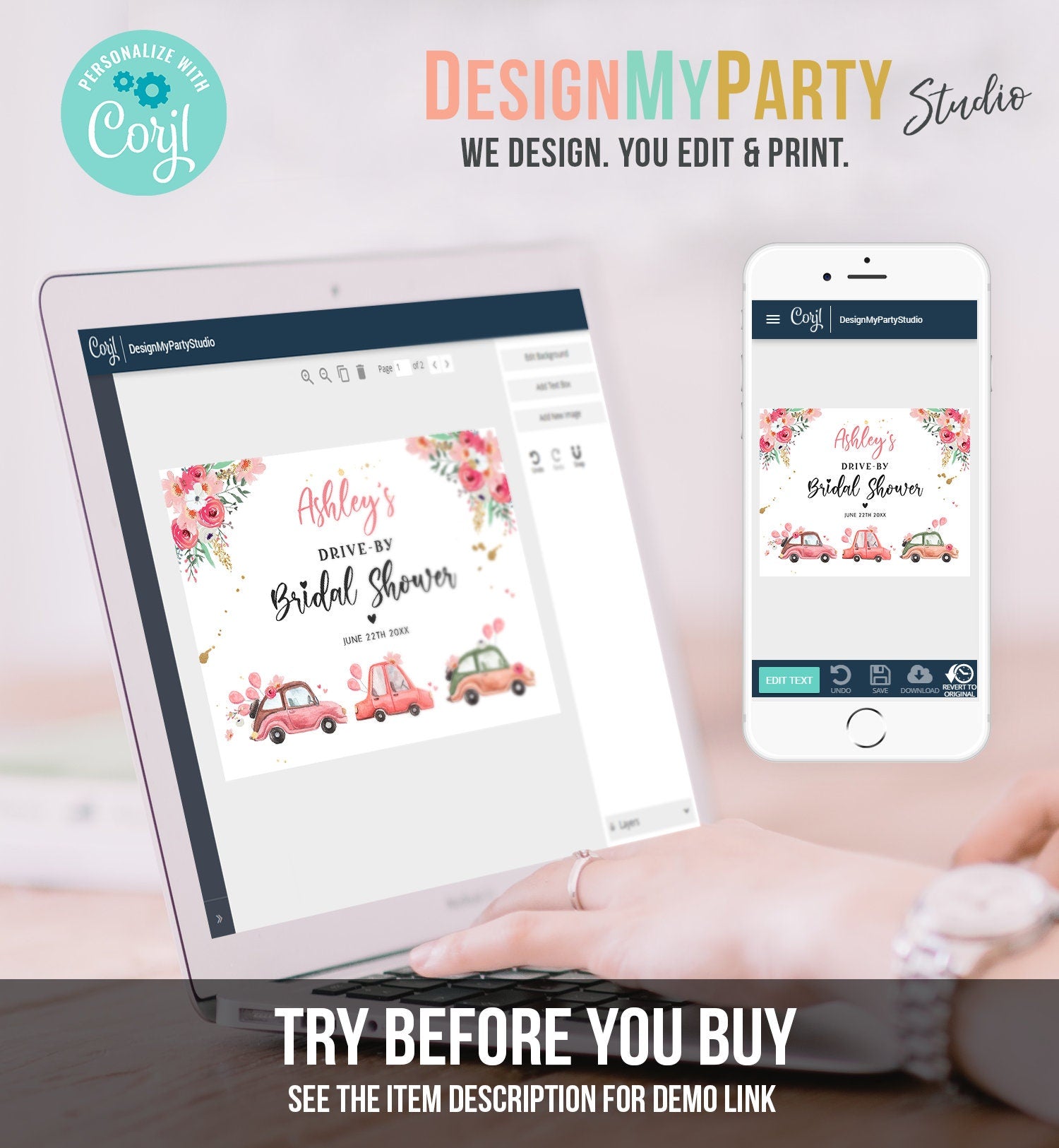 Editable Drive By Bridal Shower Sign Welcome Pink Gold Floral Couples Quarantine Party Drive Through Parade Yard Sign Corjl Template 0335