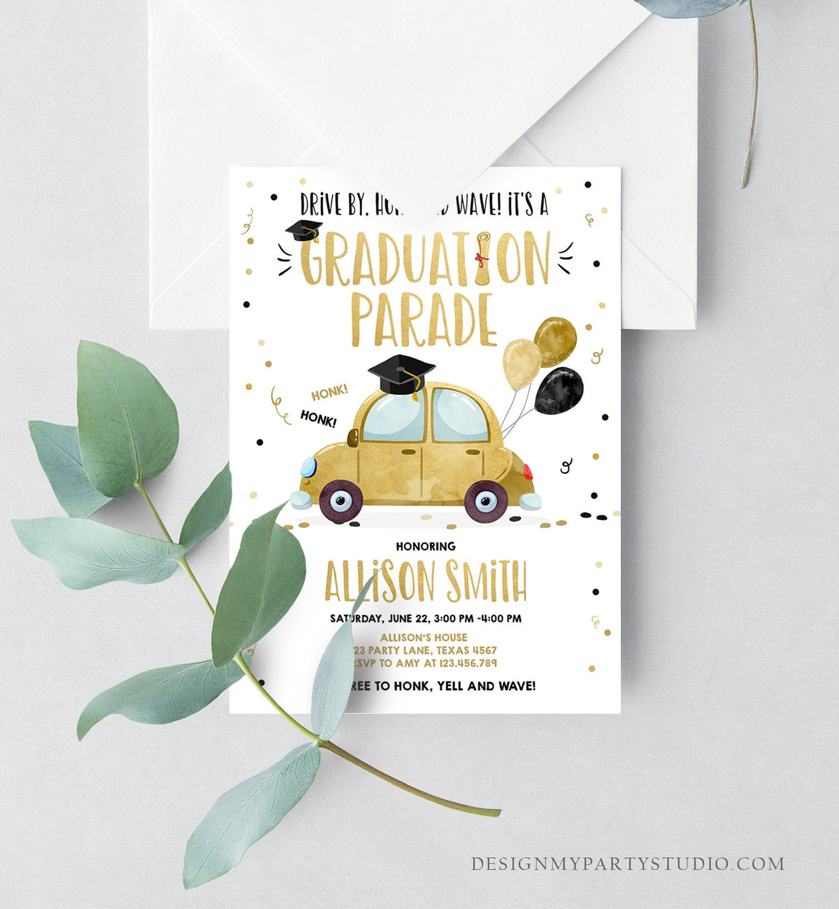 Editable Drive By Graduation Parade Invitation Drive Through Party Gold Girl Quarantine Graduate 2021 High School Grad Download Corjl 0337