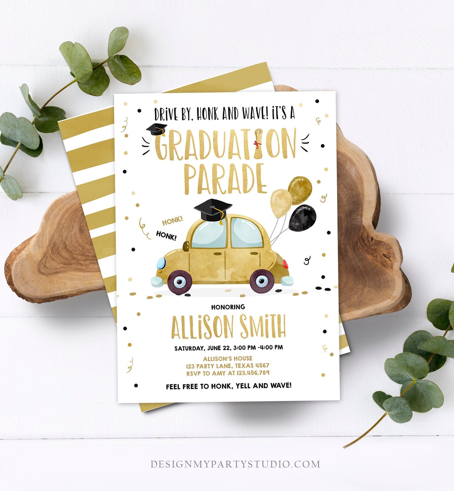 Editable Drive By Graduation Parade Invitation Drive Through Party Gold Girl Quarantine Graduate 2021 High School Grad Download Corjl 0337