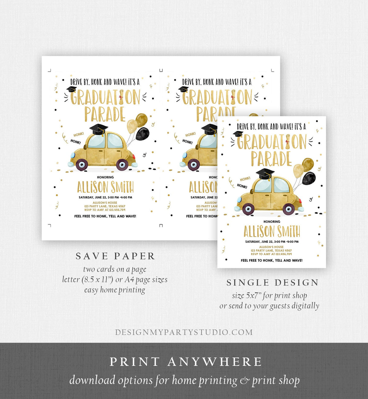 Editable Drive By Graduation Parade Invitation Drive Through Party Gold Girl Quarantine Graduate 2021 High School Grad Download Corjl 0337