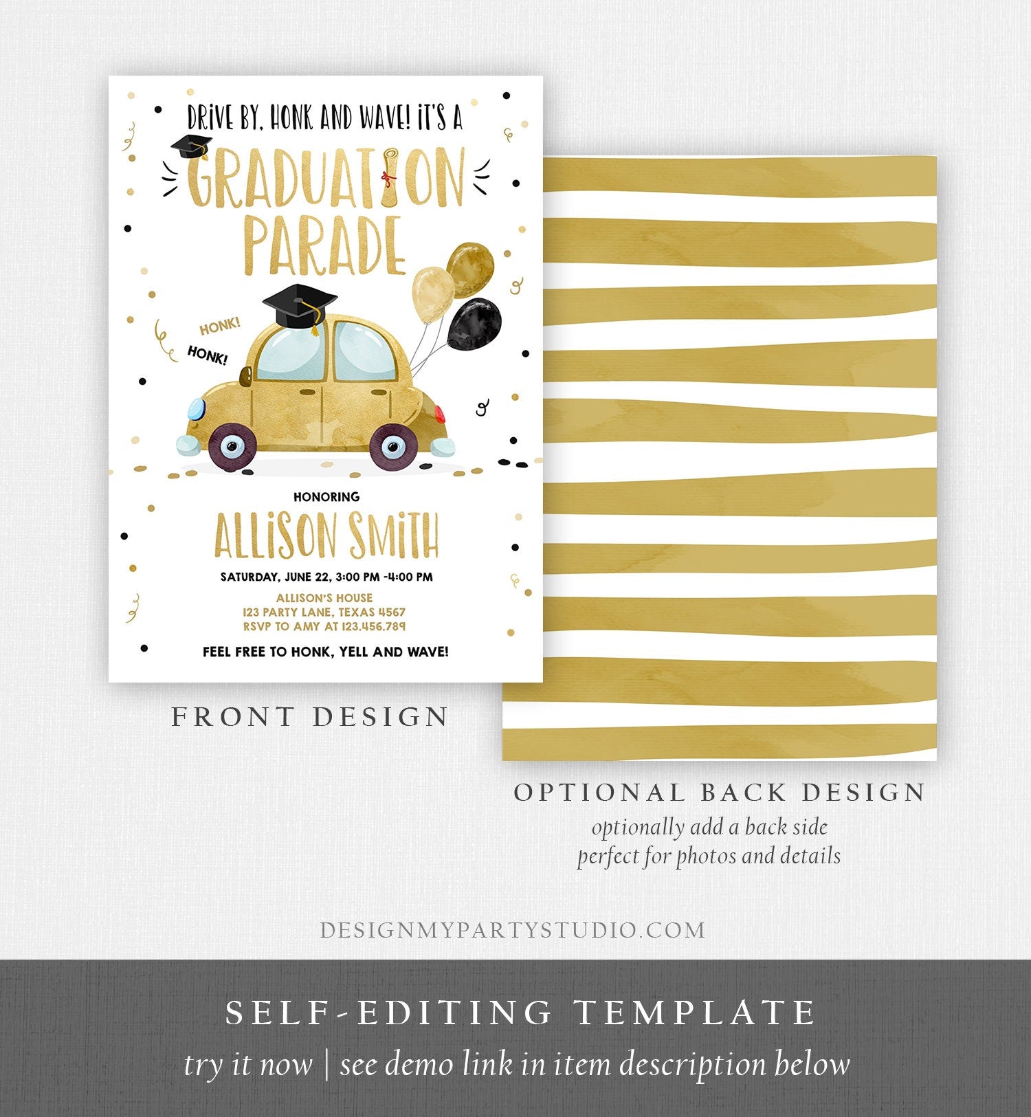 Editable Drive By Graduation Parade Invitation Drive Through Party Gold Girl Quarantine Graduate 2021 High School Grad Download Corjl 0337