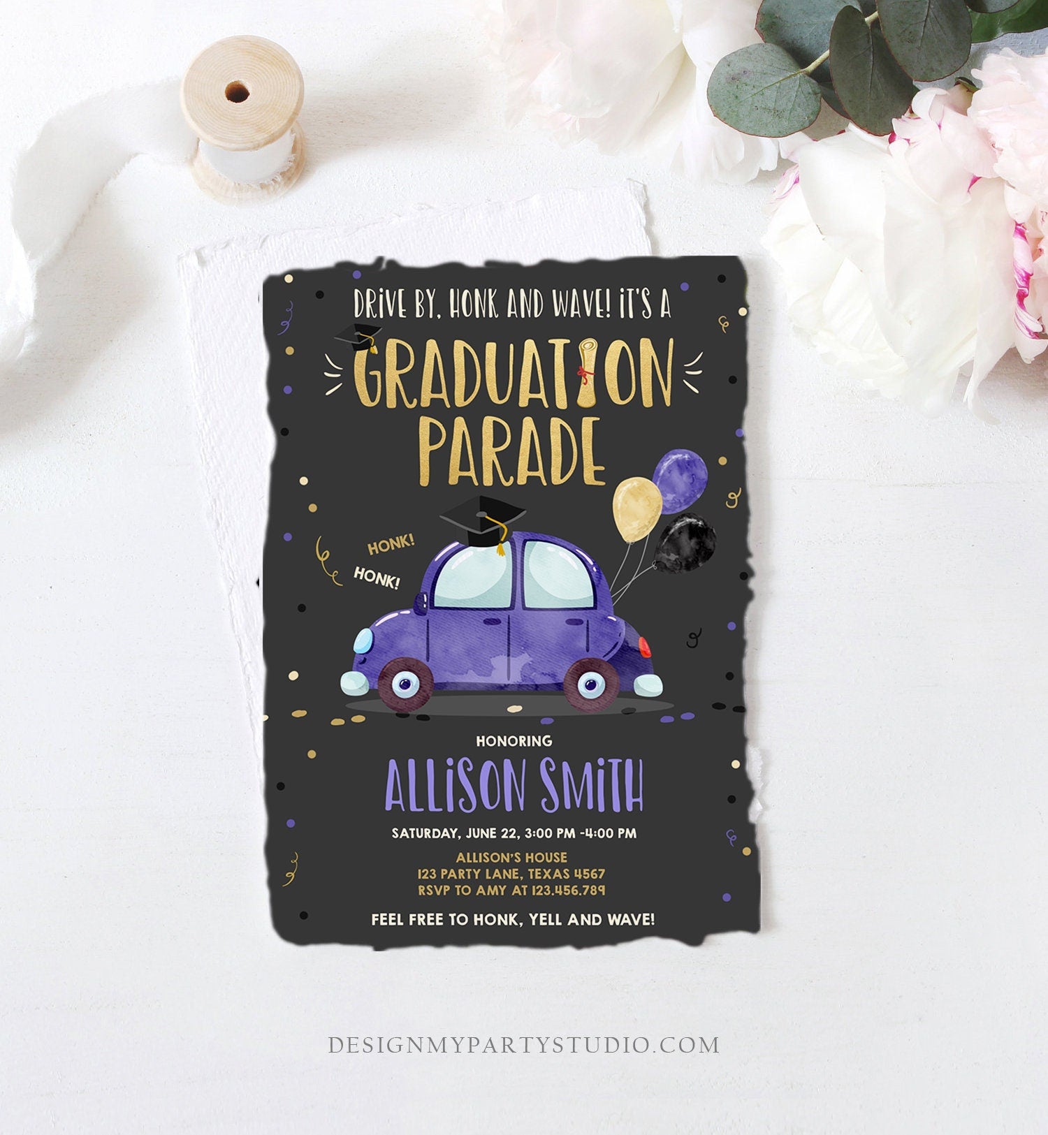 Editable Drive By Graduation Parade Invitation Drive Through Party Gold Blue Quarantine Graduate 2021 High School Grad Download Corjl 0337