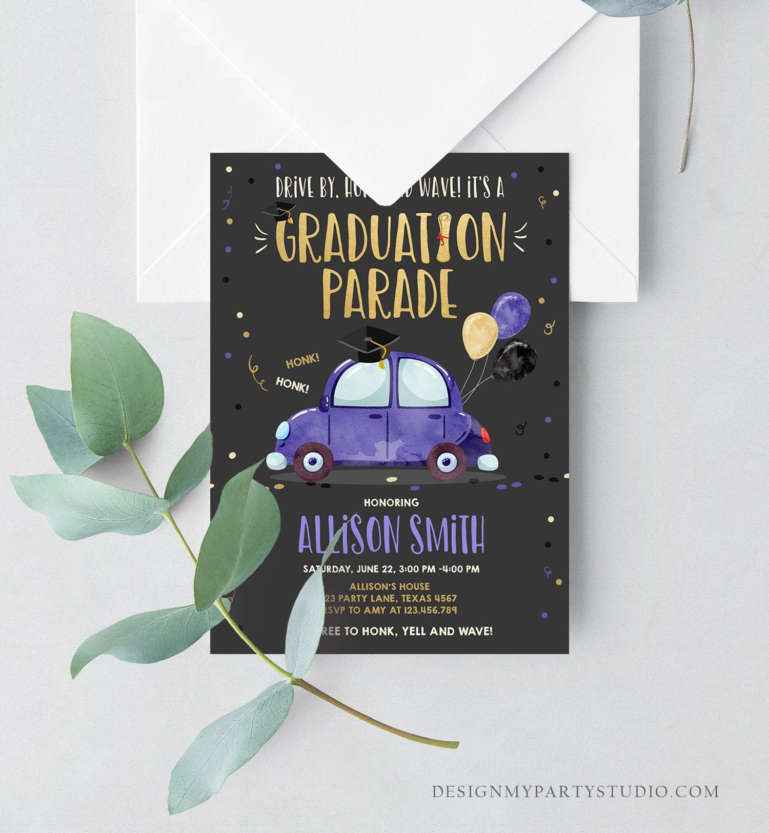Editable Drive By Graduation Parade Invitation Drive Through Party Gold Blue Quarantine Graduate 2021 High School Grad Download Corjl 0337