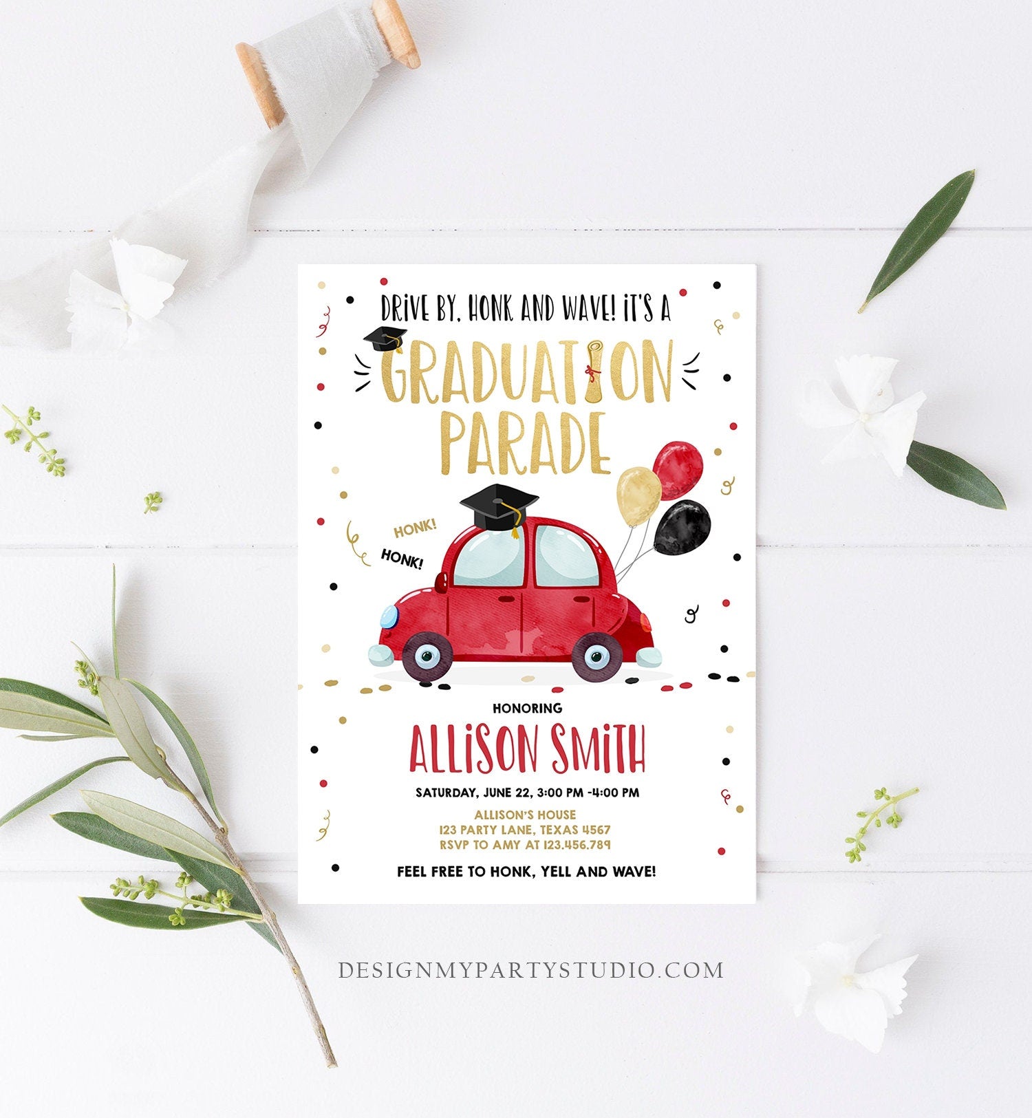 Editable Drive By Graduation Parade Invitation Drive Through Party Gold Red Quarantine Graduate 2021 High School Grad Download Corjl 0337