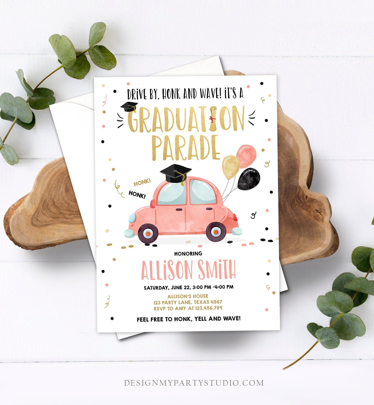 Editable Drive By Graduation Parade Invitation Drive Through Party Gold Coral Quarantine Graduate 2021 High School Grad Download Corjl 0337