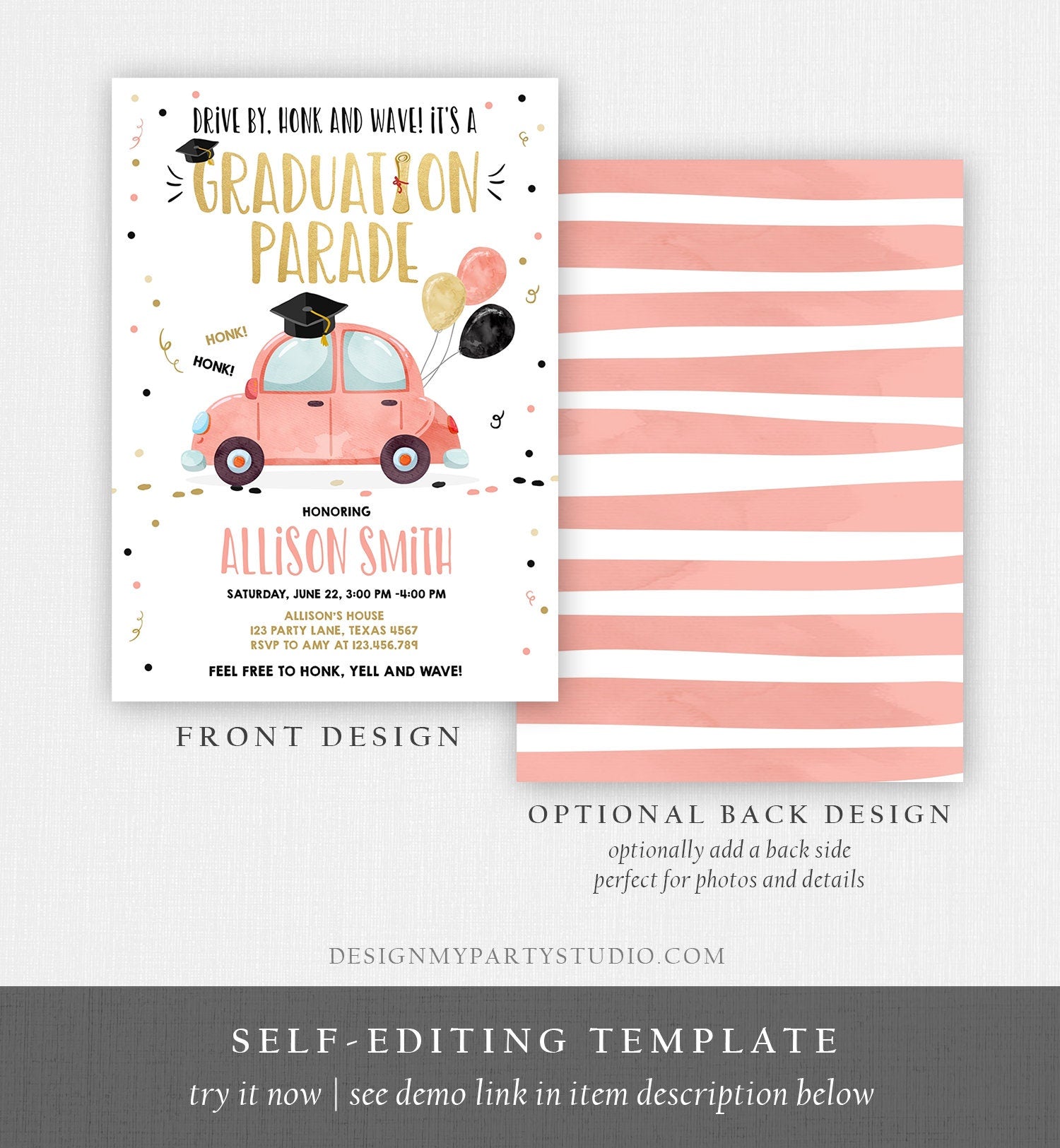 Editable Drive By Graduation Parade Invitation Drive Through Party Gold Coral Quarantine Graduate 2021 High School Grad Download Corjl 0337