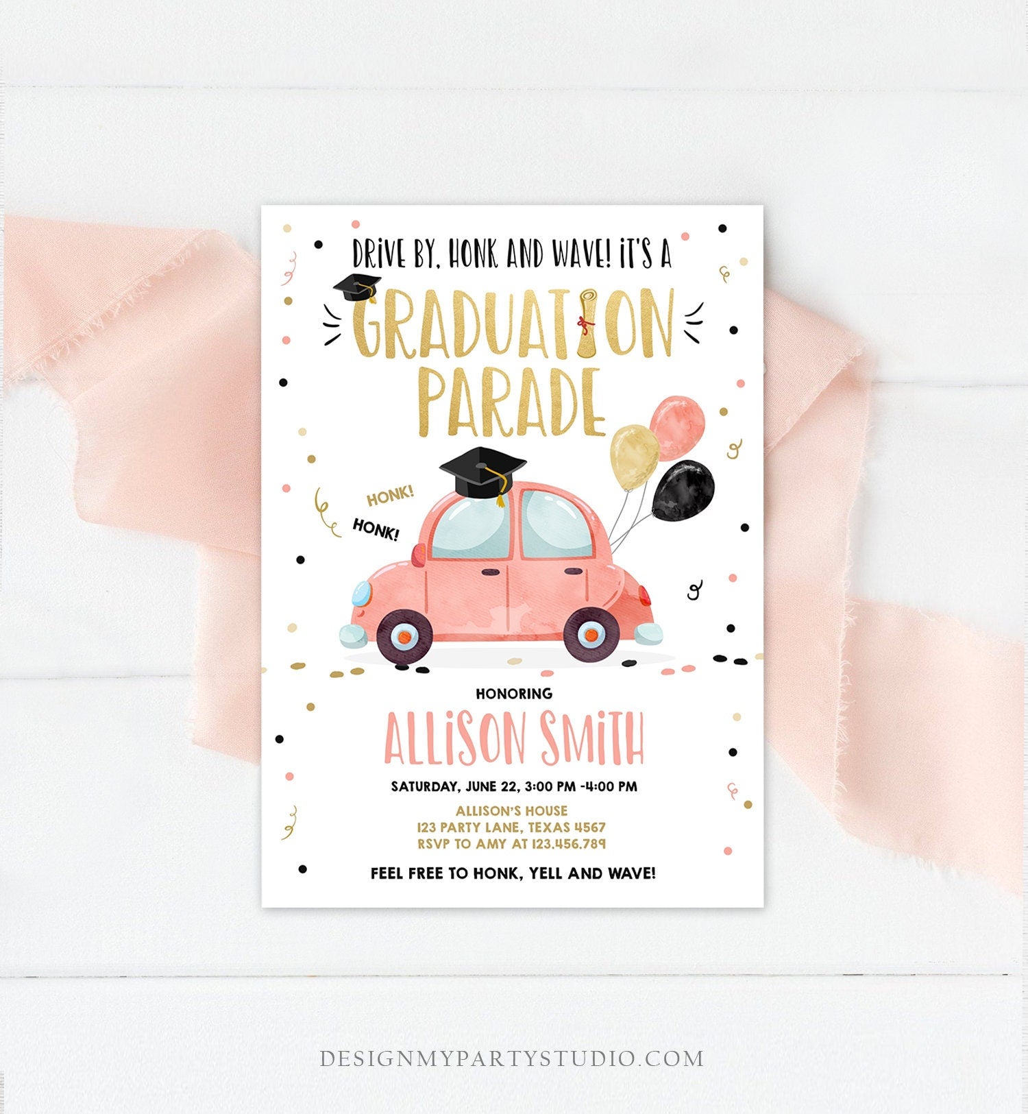 Editable Drive By Graduation Parade Invitation Drive Through Party Gold Coral Quarantine Graduate 2021 High School Grad Download Corjl 0337