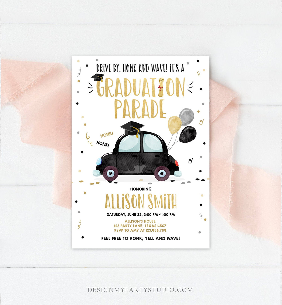 Editable Drive By Graduation Parade Invitation Drive Through Party Gold Black Quarantine Graduate 2021 High School Grad Download Corjl 0337