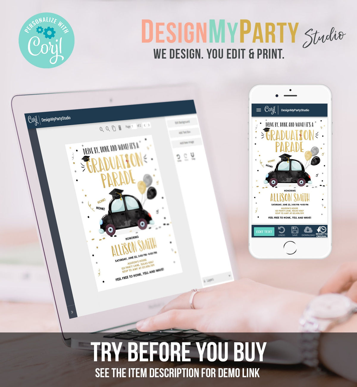 Editable Drive By Graduation Parade Invitation Drive Through Party Gold Black Quarantine Graduate 2021 High School Grad Download Corjl 0337