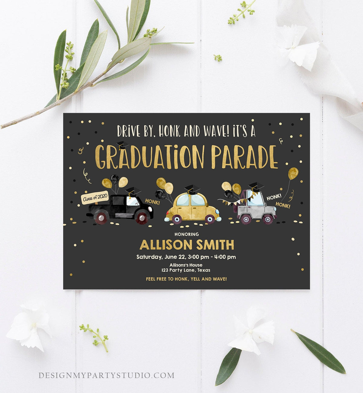 Editable Drive By Graduation Parade Invitation Drive Through Party Gold Girl Quarantine Graduate 2021 High School Grad Download Corjl 0337