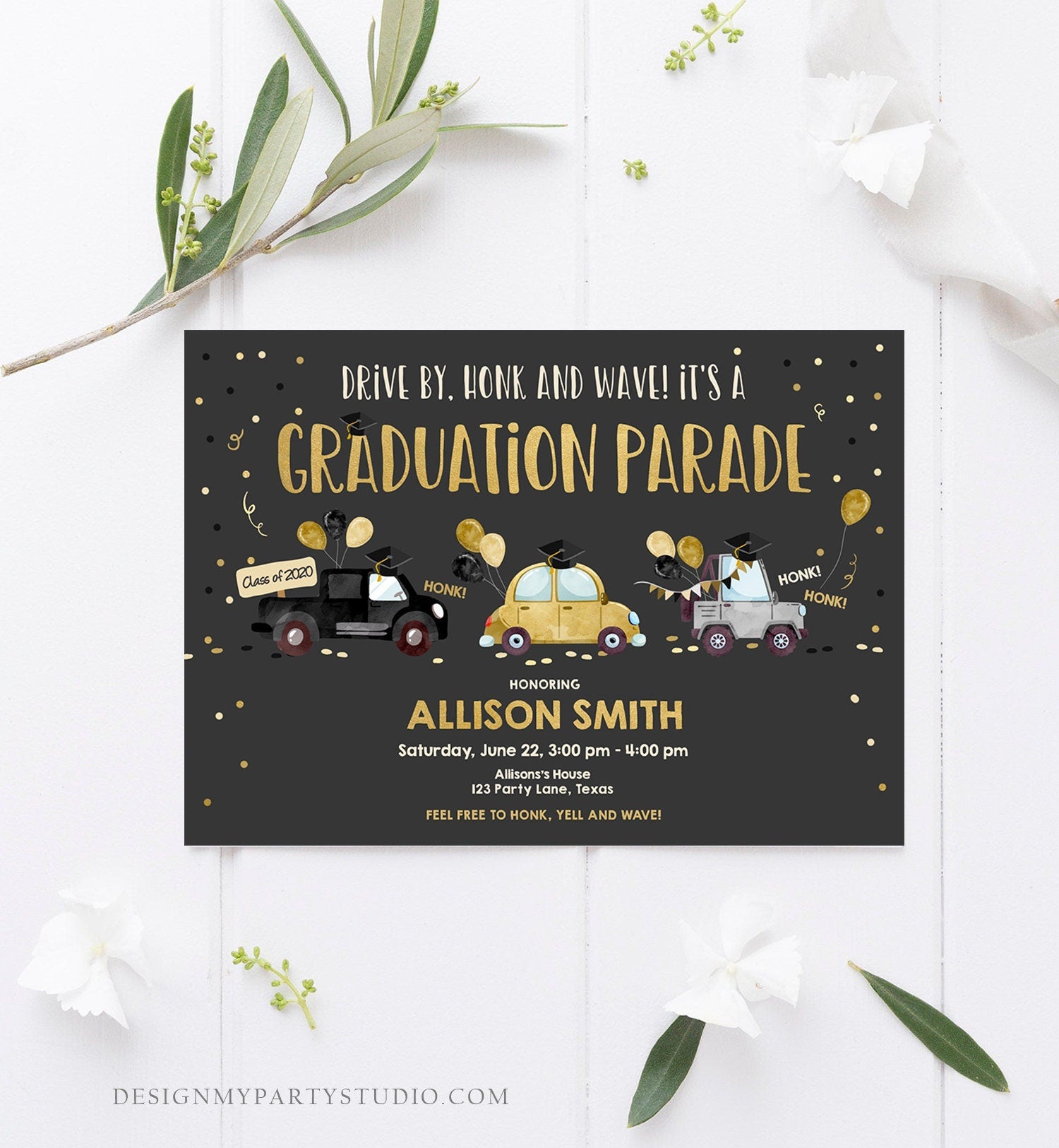 Editable Drive By Graduation Parade Invitation Drive Through Party Gold Girl Quarantine Graduate 2021 High School Grad Download Corjl 0337