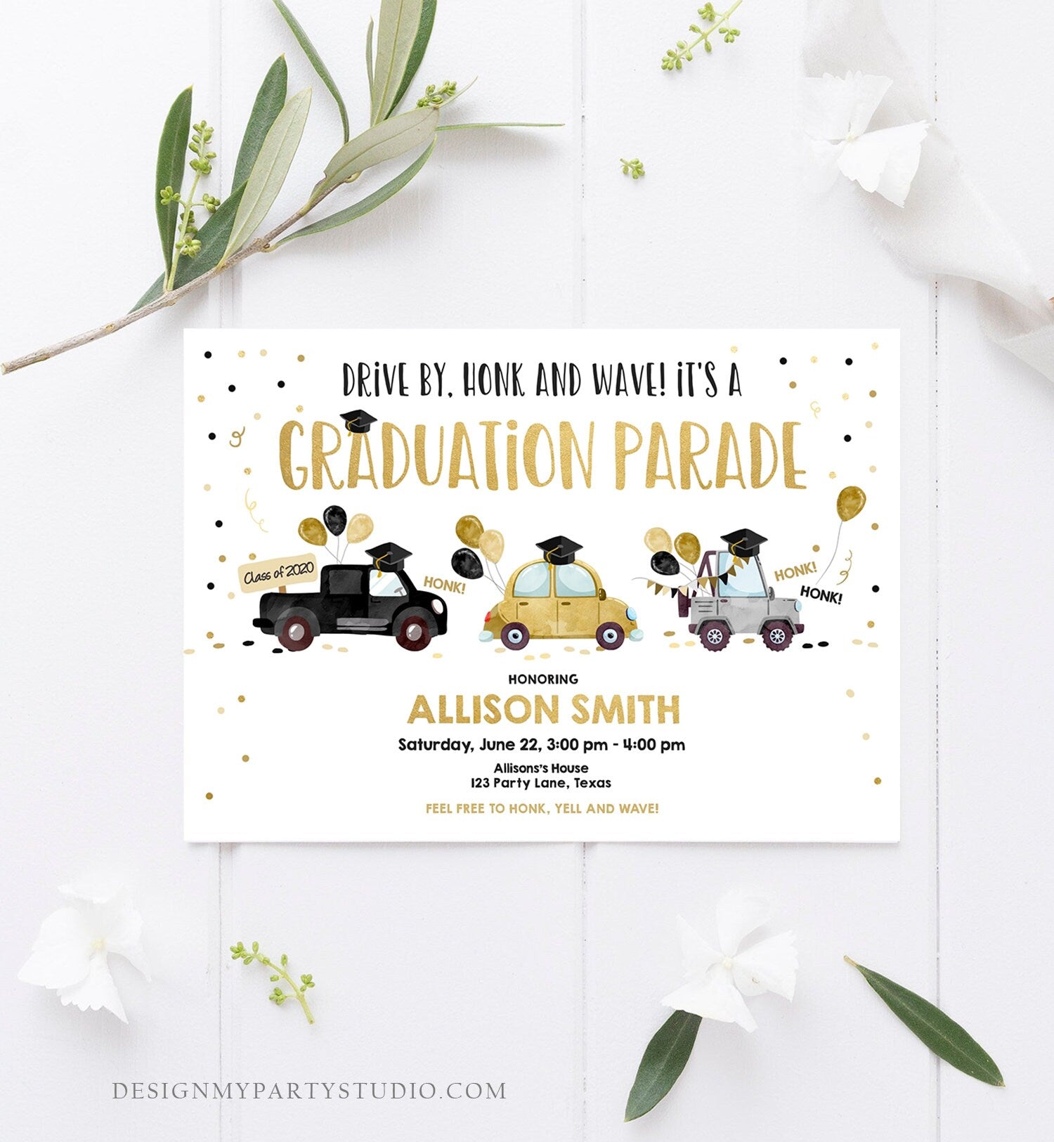 Editable Drive By Graduation Parade Invitation Drive Through Party Gold Girl Quarantine Graduate 2021 High School Grad Download Corjl 0337