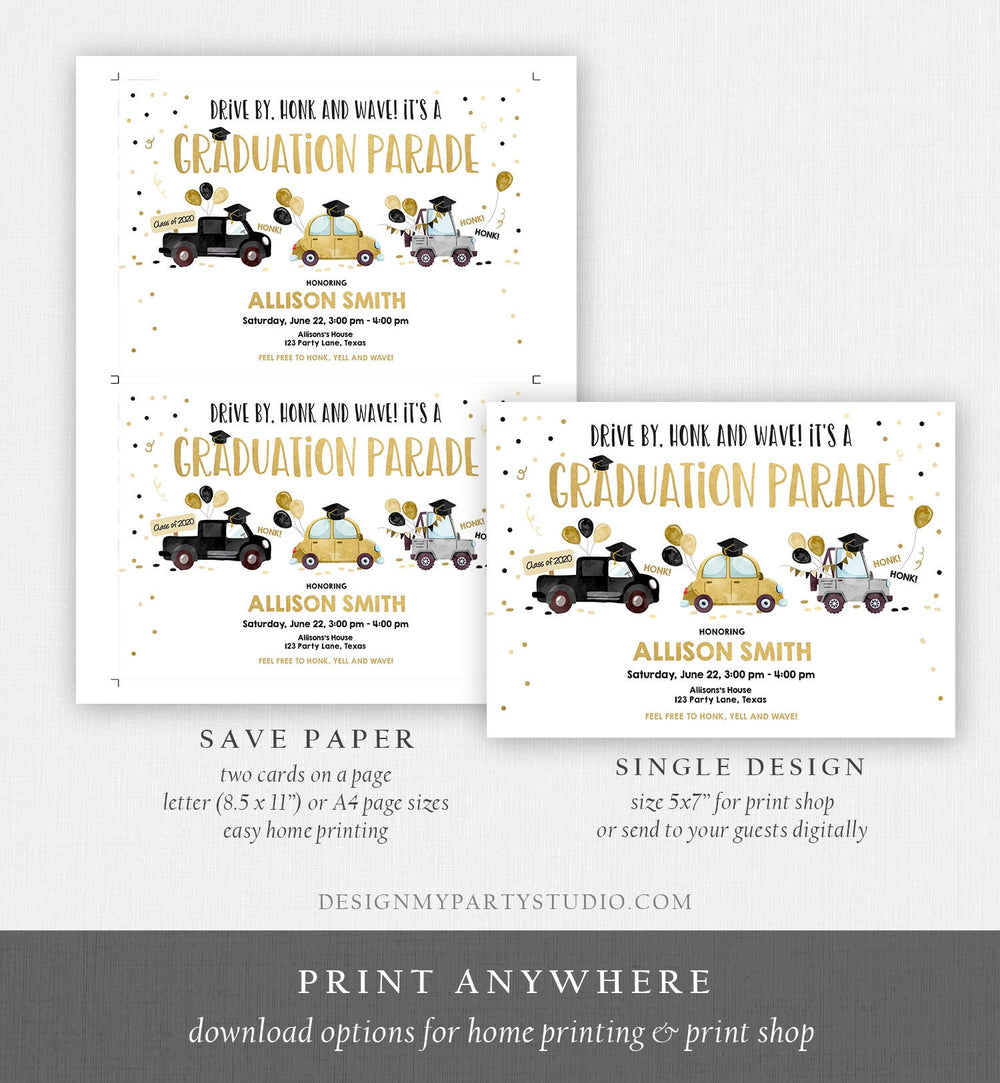 Editable Drive By Graduation Parade Invitation Drive Through Party Gol ...