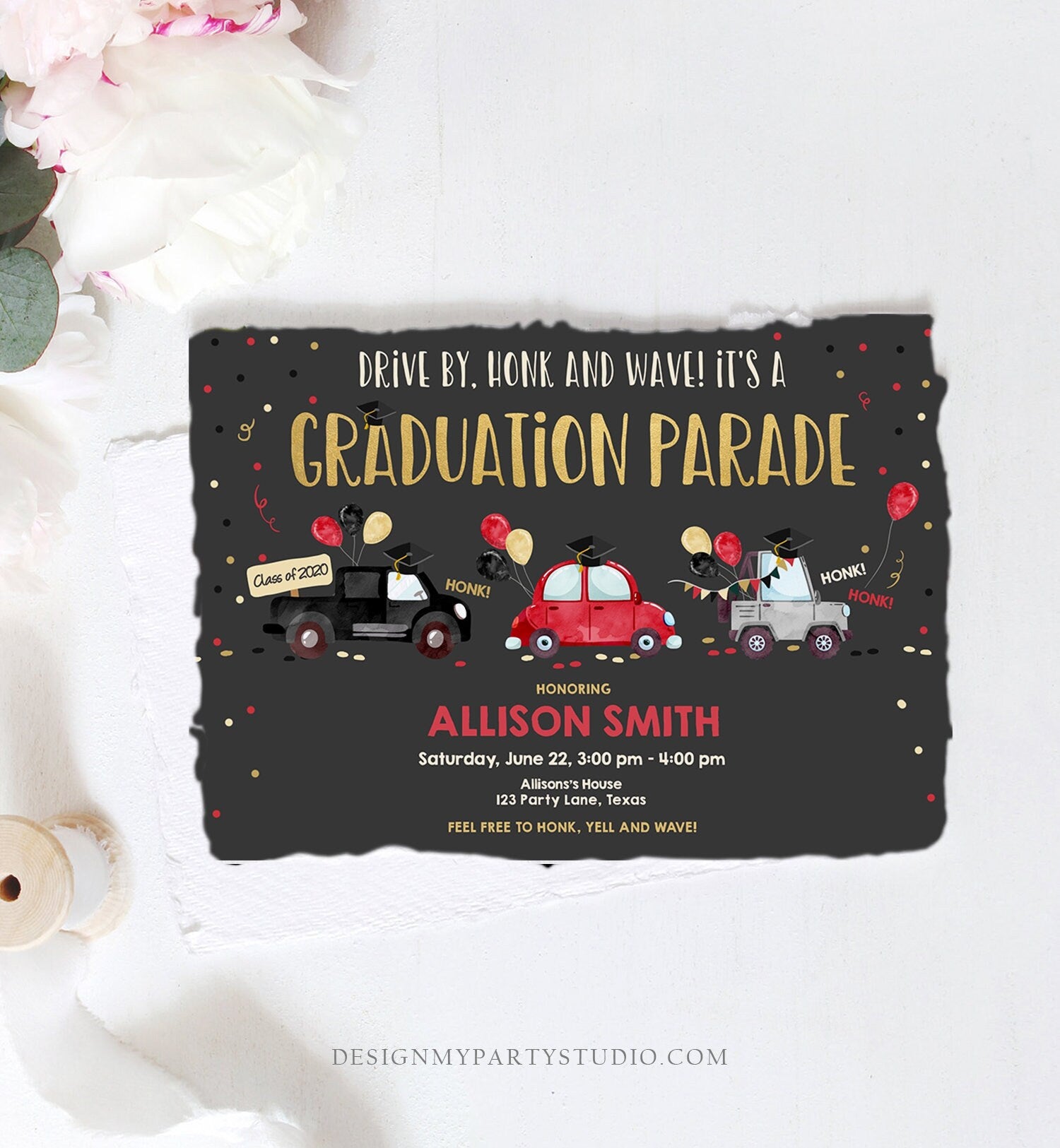Editable Drive By Graduation Parade Invitation Drive Through Party Red Gold Quarantine Graduate 2021 High School Grad Download Corjl 0337