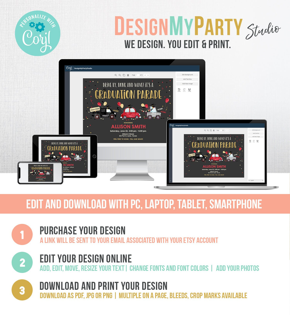 Editable Drive By Graduation Parade Invitation Drive Through Party Red Gold Quarantine Graduate 2021 High School Grad Download Corjl 0337