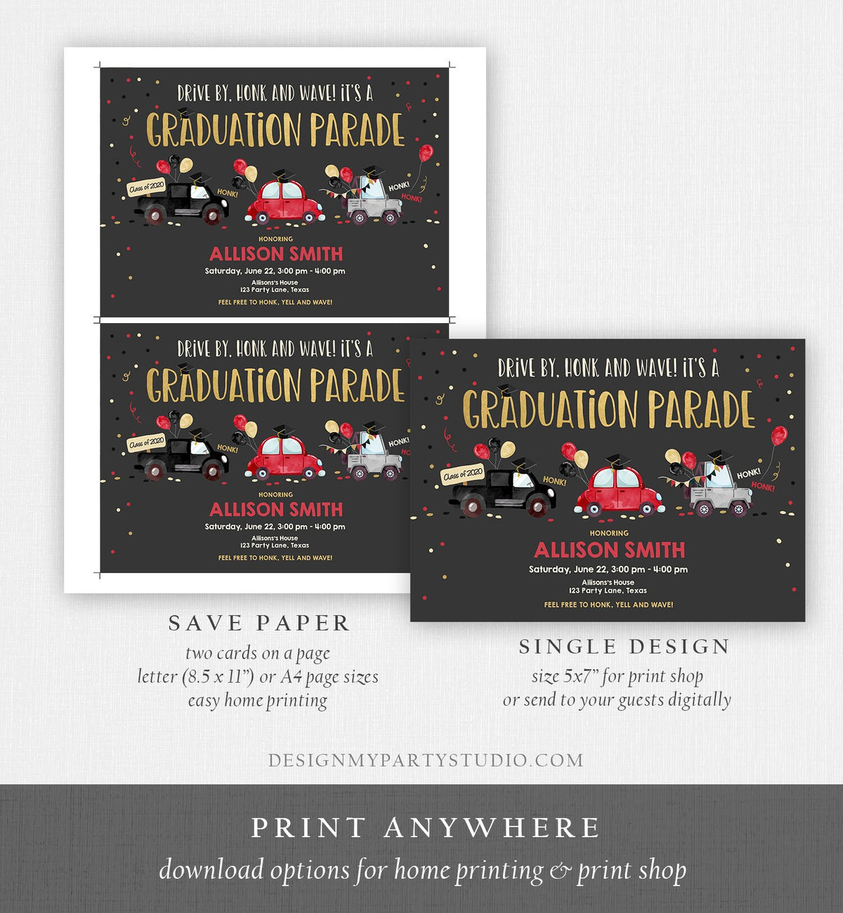 Editable Drive By Graduation Parade Invitation Drive Through Party Red Gold Quarantine Graduate 2021 High School Grad Download Corjl 0337