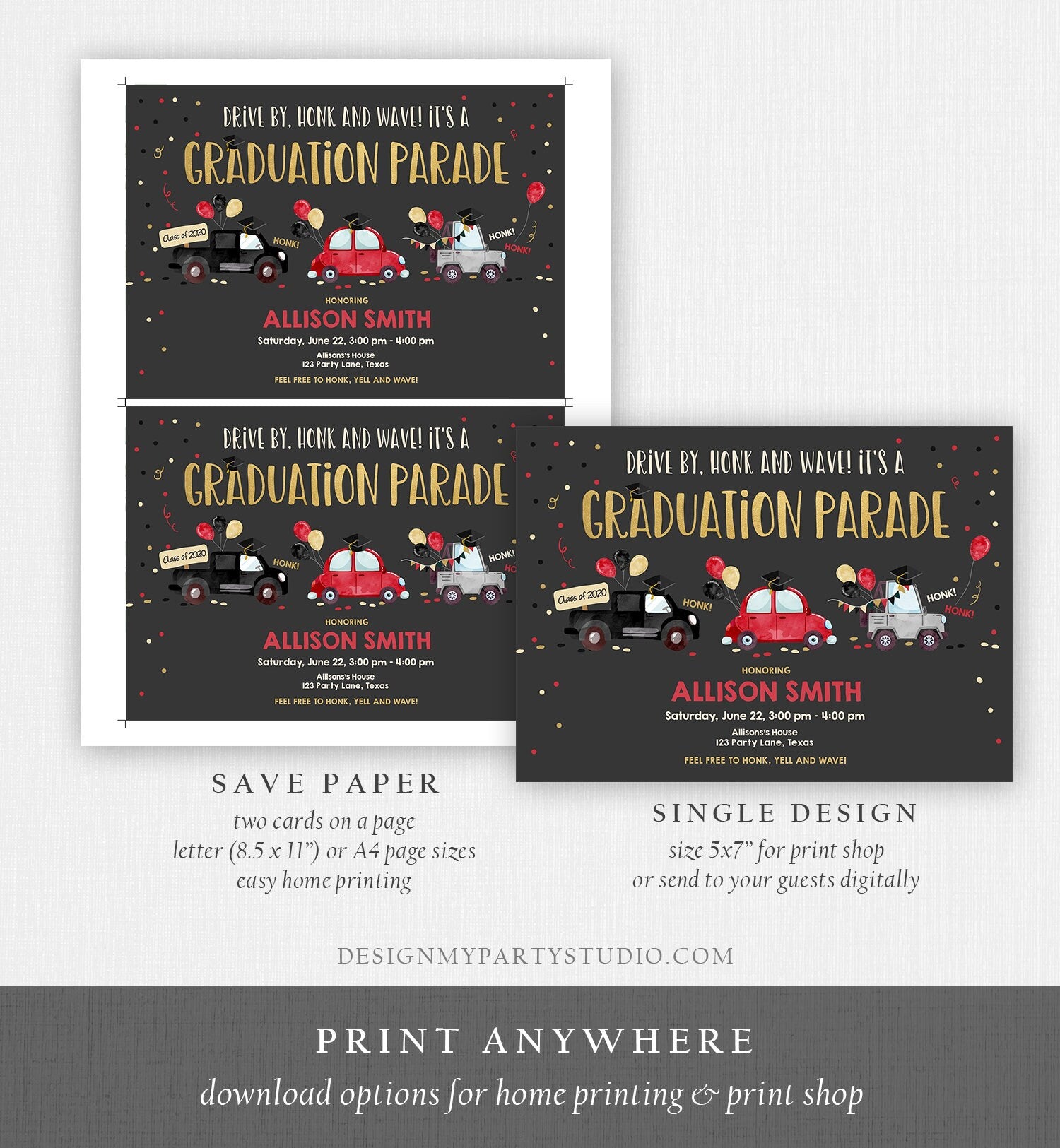 Editable Drive By Graduation Parade Invitation Drive Through Party Red Gold Quarantine Graduate 2021 High School Grad Download Corjl 0337