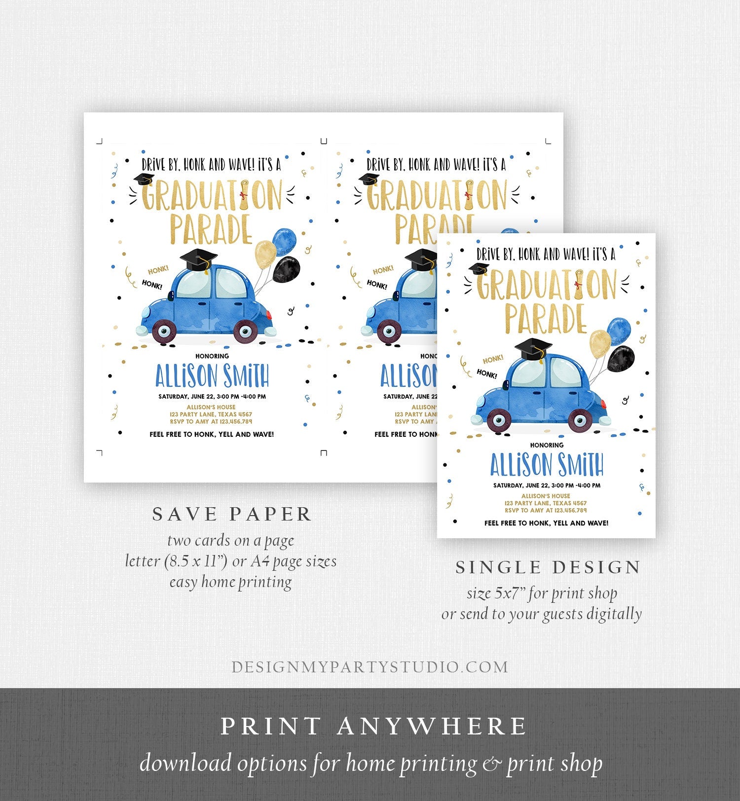 Editable Drive By Graduation Parade Invitation Drive Through Party Blue Gold Quarantine Graduate 2021 High School Grad Download Corjl 0337