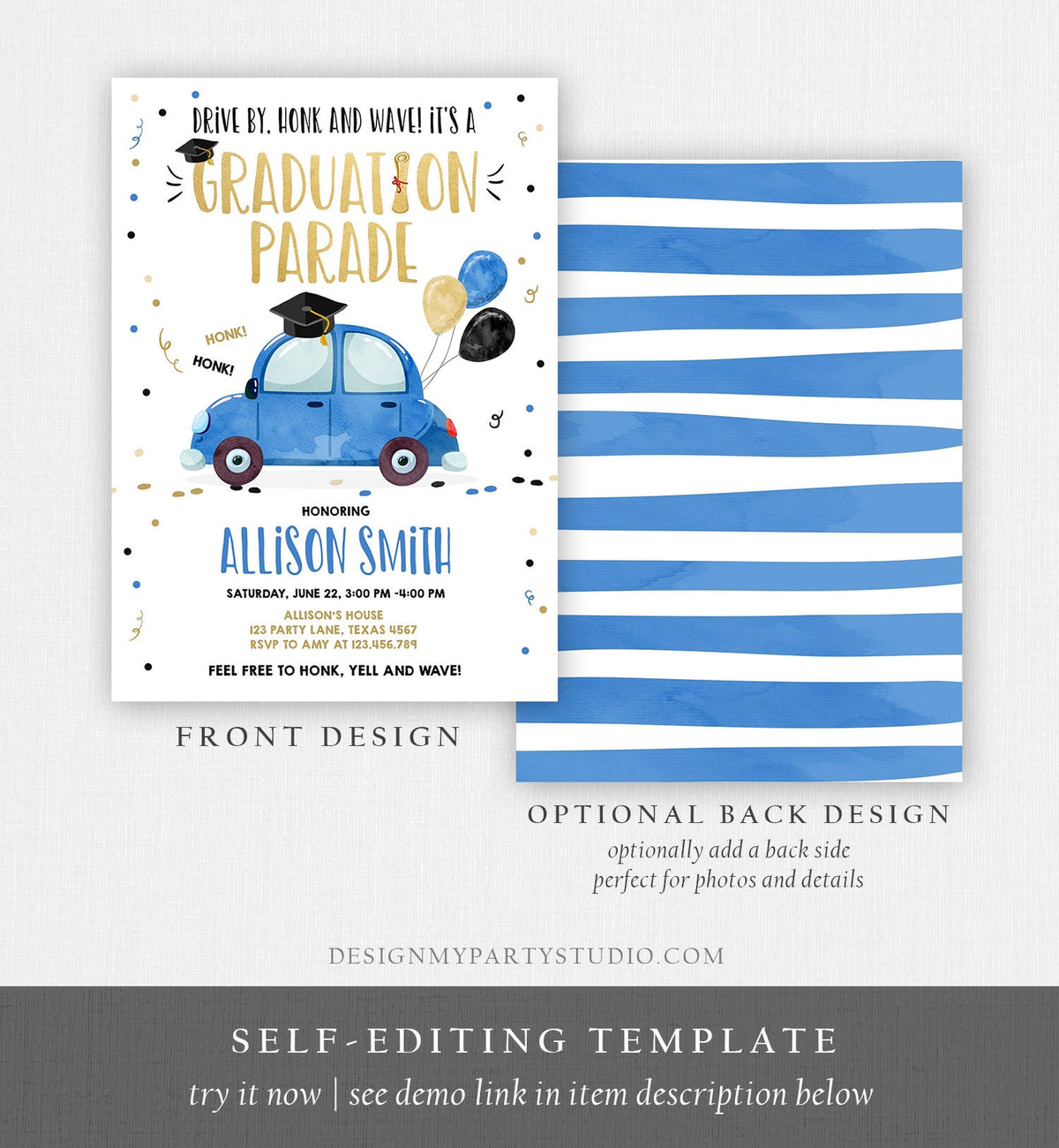 Editable Drive By Graduation Parade Invitation Drive Through Party Blue Gold Quarantine Graduate 2021 High School Grad Download Corjl 0337