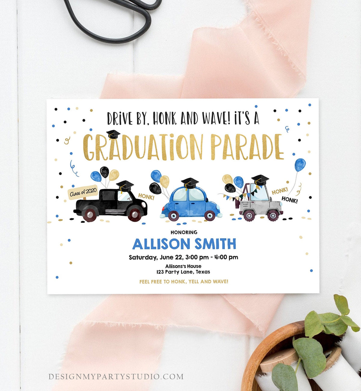 Editable Drive By Graduation Parade Invitation Drive Through Party Blue Gold Quarantine Graduate 2021 High School Grad Download Corjl 0337