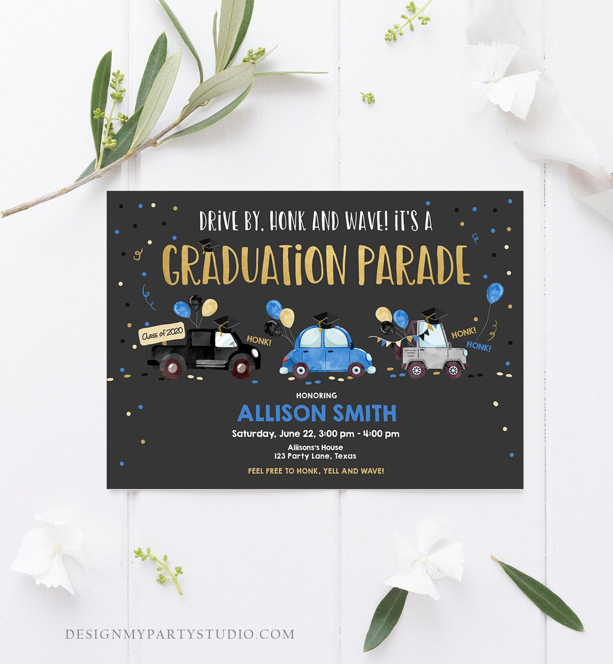 Editable Drive By Graduation Parade Invitation Drive Through Party Blue Gold Quarantine Graduate 2021 High School Grad Download Corjl 0337