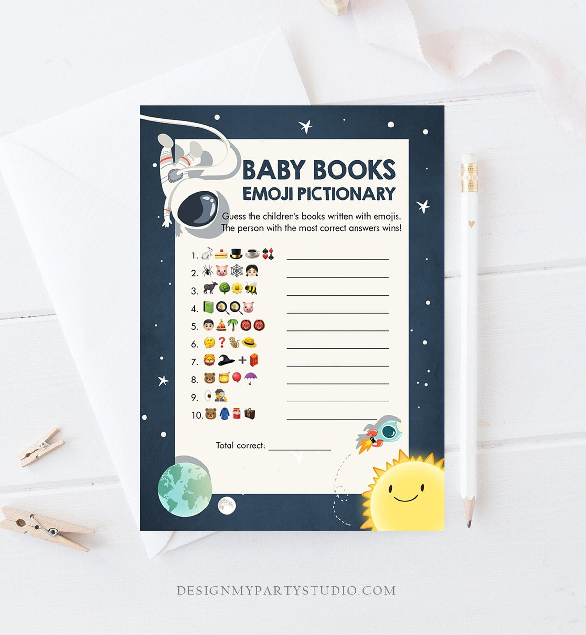 Editable Baby Children&#39;s Book Emoji Pictionary Baby Shower Game Space Space Baby Shower Activity Astronaut Corjl Template Printable 0046