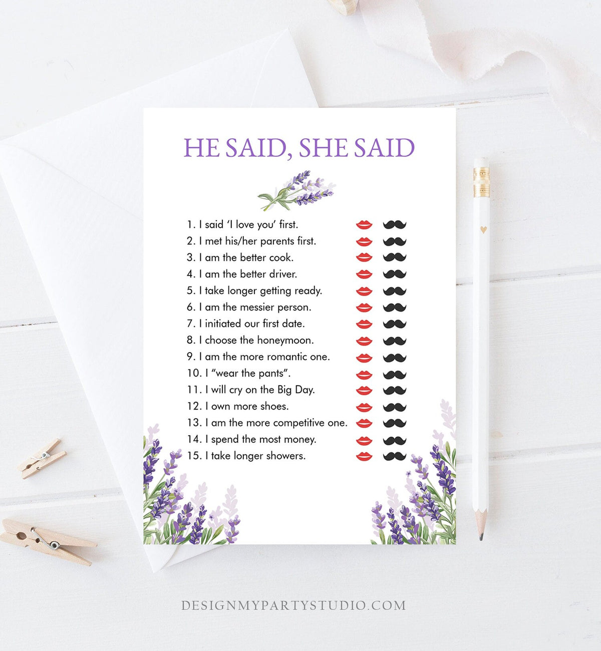 Editable He Said She Said Bridal Shower Game Lavender Bride or Groom Wedding Shower Activity Who said it Phrase Game Corjl PRINTABLE 0206