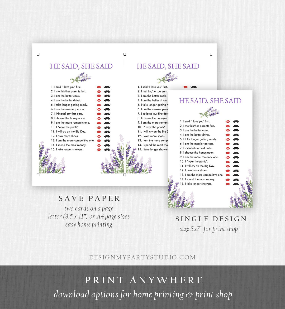 Editable He Said She Said Bridal Shower Game Lavender Bride or Groom Wedding Shower Activity Who said it Phrase Game Corjl PRINTABLE 0206