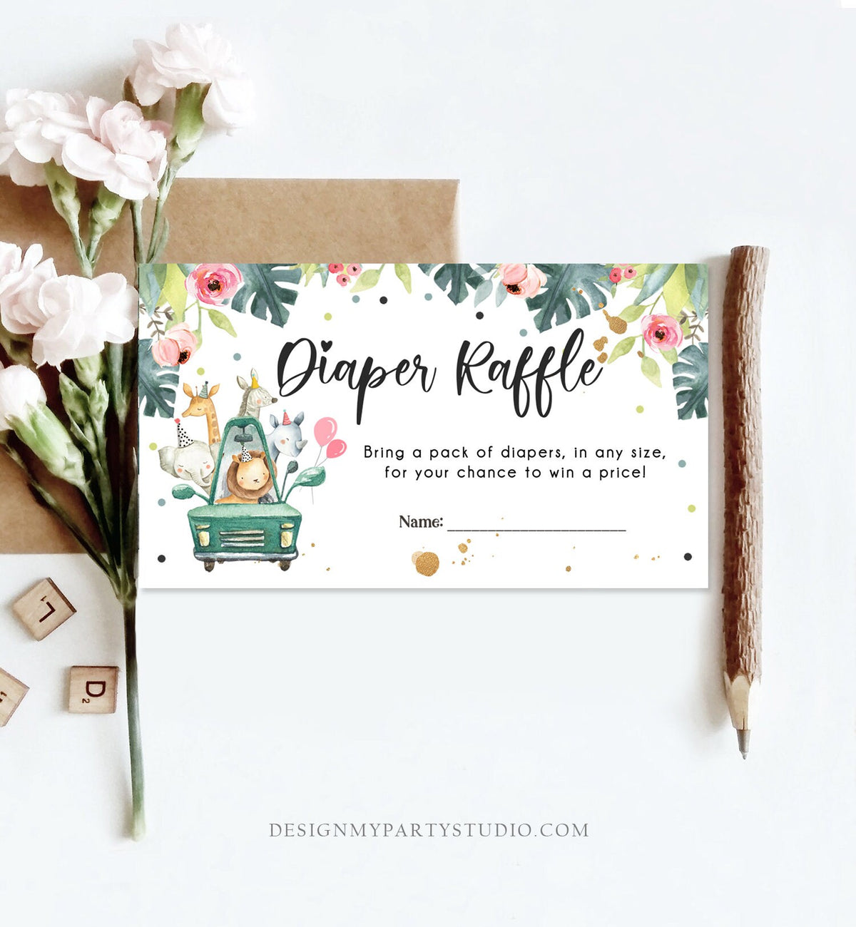 Editable Drive By Diaper Raffle Ticket Baby Shower Safari Animals Pink Floral Girl Drive Through Diaper Game Ticket Corjl Template 0345