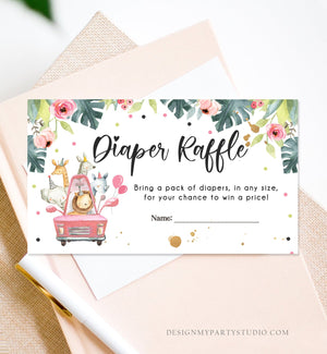 Editable Drive By Diaper Raffle Ticket Baby Shower Safari Animals Pink Floral Girl Drive Through Diaper Game Ticket Corjl Template 0163