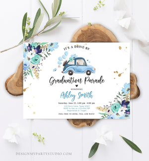 Editable Drive By Graduation Parade Invitation Drive Through Gold Blue Floral Girl Graduate School Grad Class 2020 Quarantine Corjl 0335