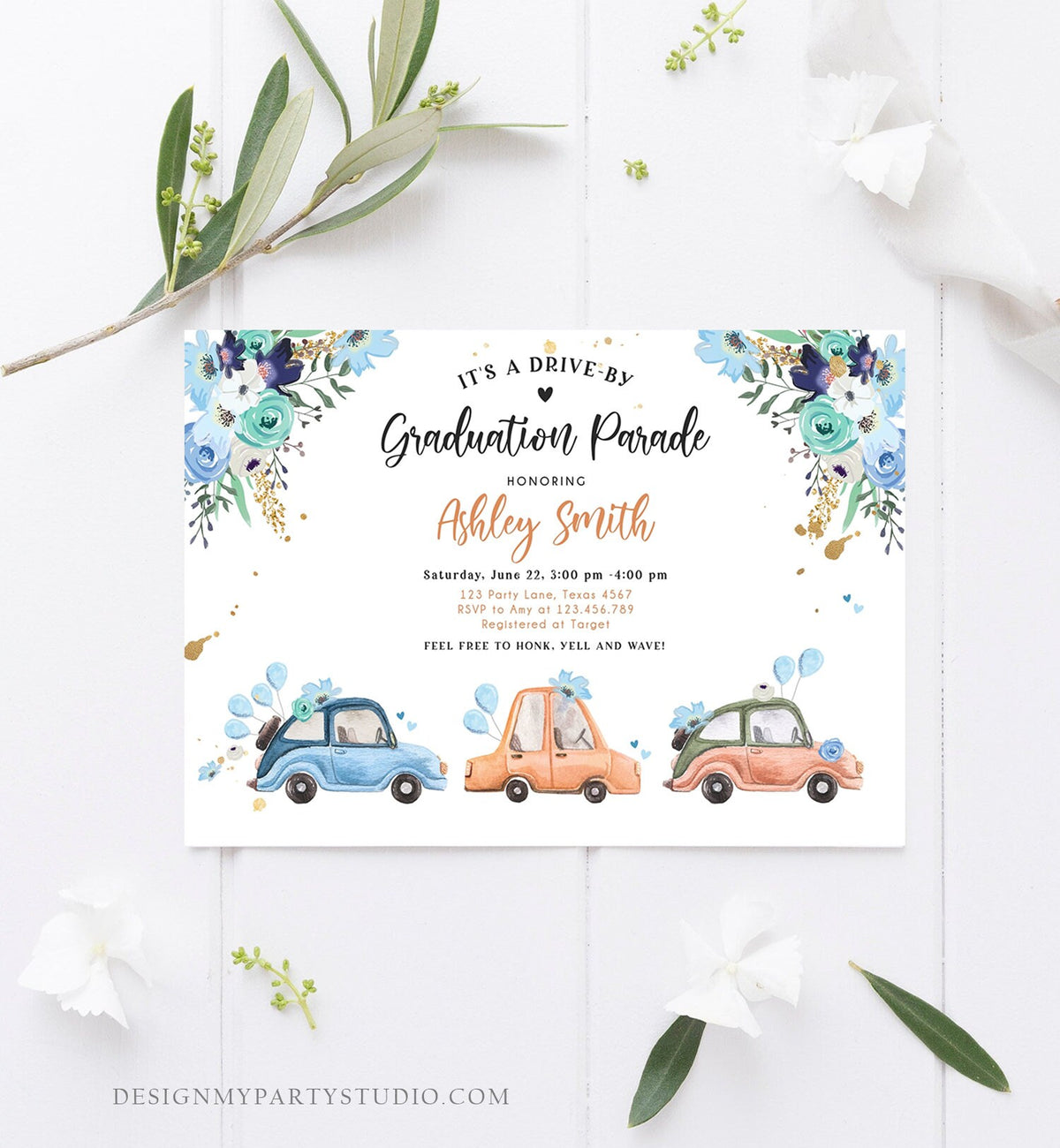Editable Drive By Graduation Parade Invitation Drive Through Gold Blue Floral Girl Graduate School Grad Class 2020 Quarantine Corjl 0335