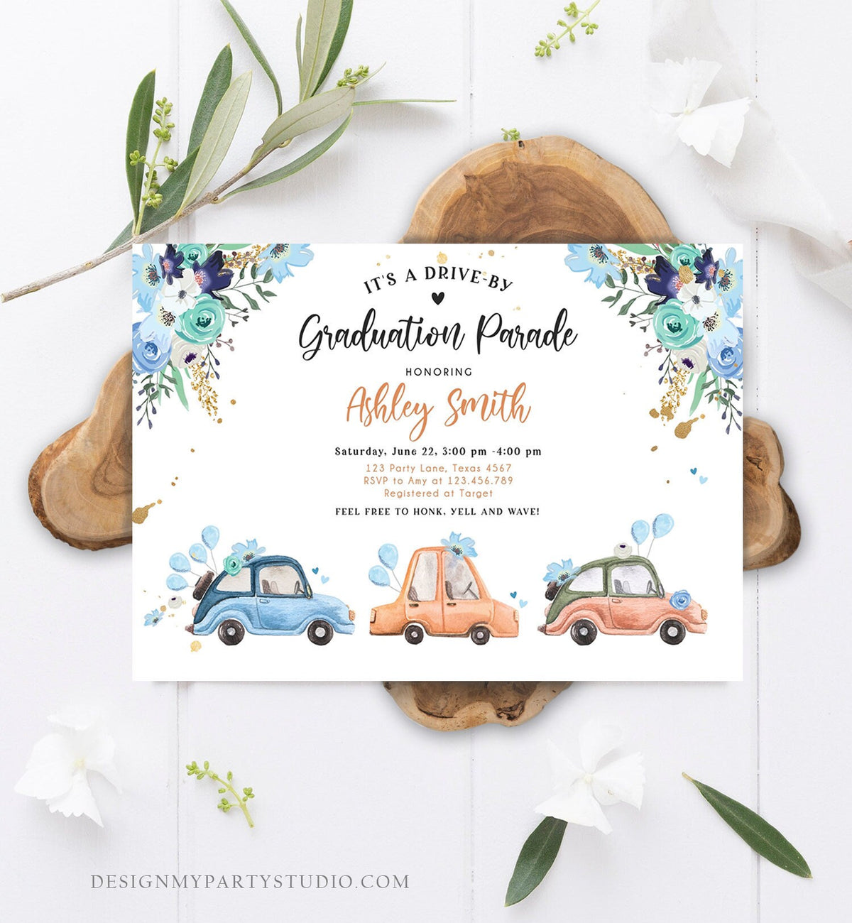 Editable Drive By Graduation Parade Invitation Drive Through Gold Blue Floral Girl Graduate School Grad Class 2020 Quarantine Corjl 0335