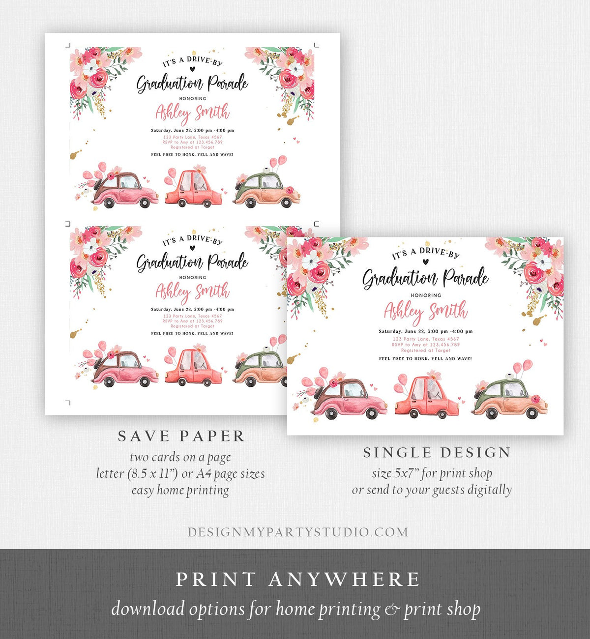 Editable Drive By Graduation Parade Invitation Drive Through Gold Pink Floral Girl Graduate School Grad Class 2020 Quarantine Corjl 0335