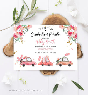 Editable Drive By Graduation Parade Invitation Drive Through Gold Pink Floral Girl Graduate School Grad Class 2020 Quarantine Corjl 0335