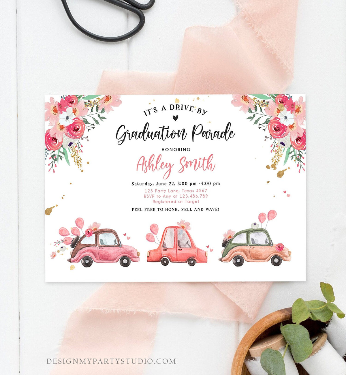Editable Drive By Graduation Parade Invitation Drive Through Gold Pink Floral Girl Graduate School Grad Class 2020 Quarantine Corjl 0335