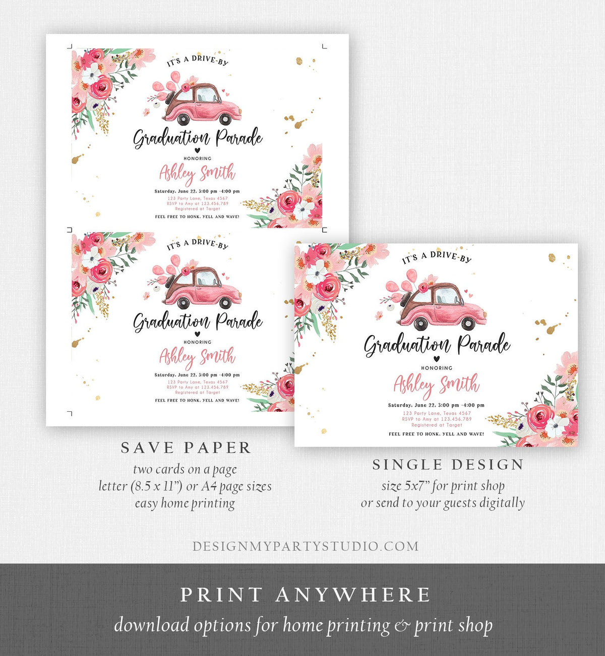 Editable Drive By Graduation Parade Invitation Drive Through Gold Pink Floral Girl Graduate School Grad Class 2020 Quarantine Corjl 0335
