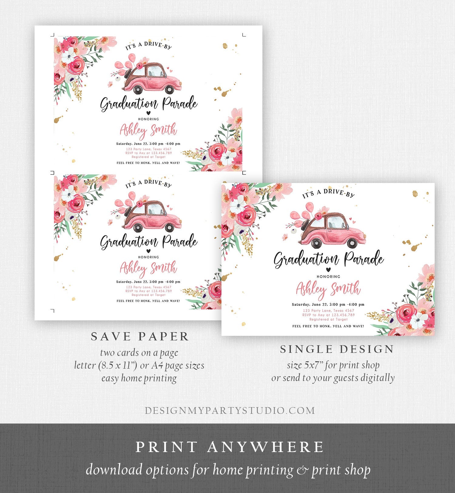 Editable Drive By Graduation Parade Invitation Drive Through Gold Pink Floral Girl Graduate School Grad Class 2020 Quarantine Corjl 0335