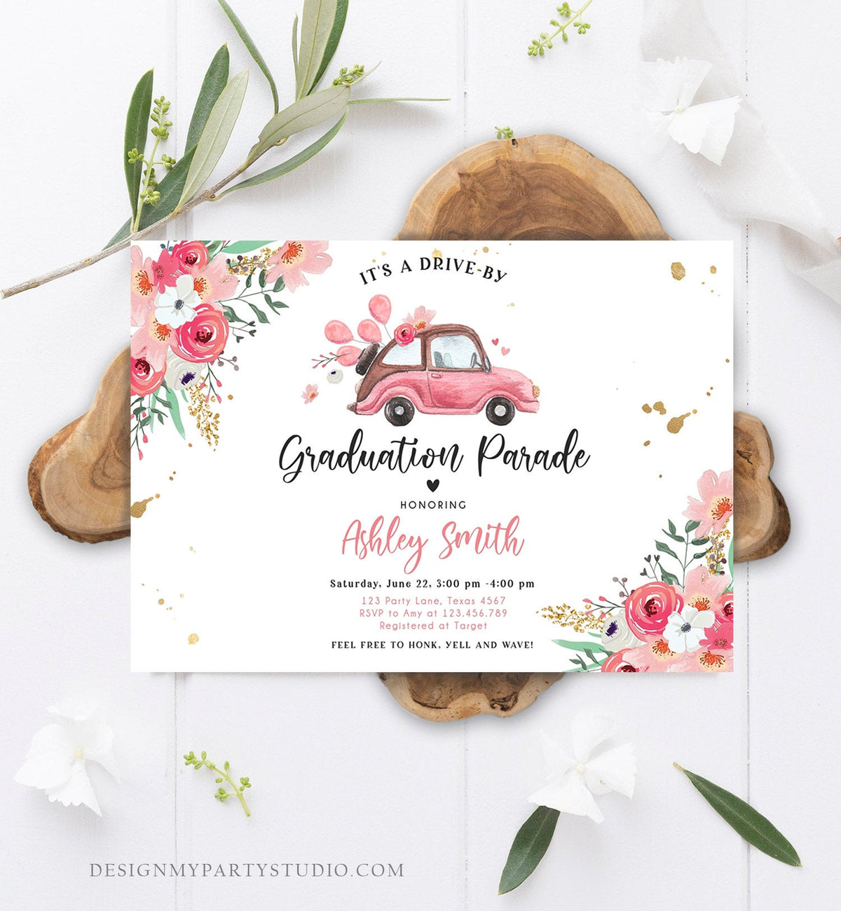 Editable Drive By Graduation Parade Invitation Drive Through Gold Pink Floral Girl Graduate School Grad Class 2020 Quarantine Corjl 0335