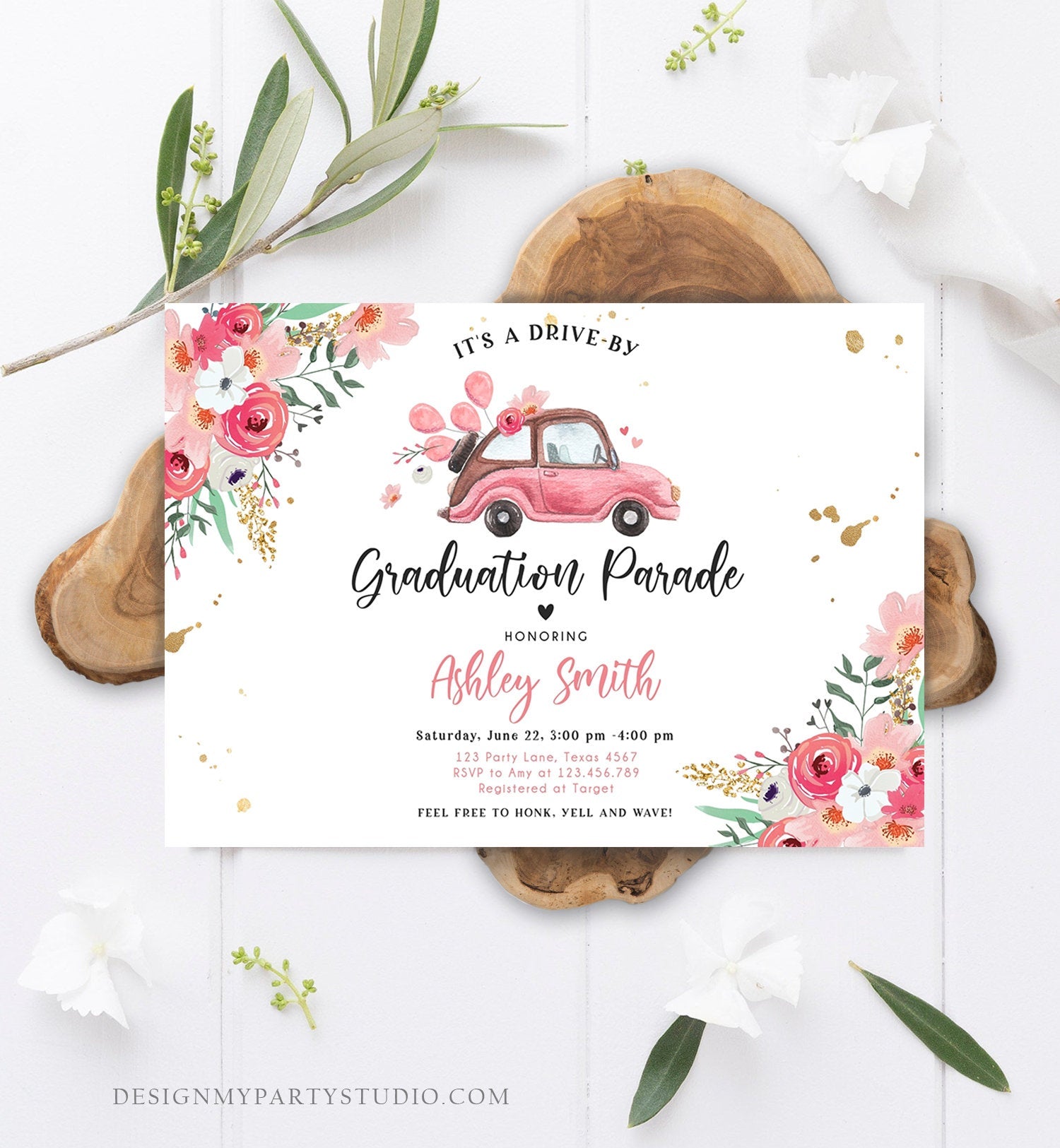Editable Drive By Graduation Parade Invitation Drive Through Gold Pink Floral Girl Graduate School Grad Class 2020 Quarantine Corjl 0335