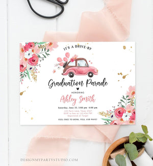 Editable Drive By Graduation Parade Invitation Drive Through Gold Pink Floral Girl Graduate School Grad Class 2020 Quarantine Corjl 0335