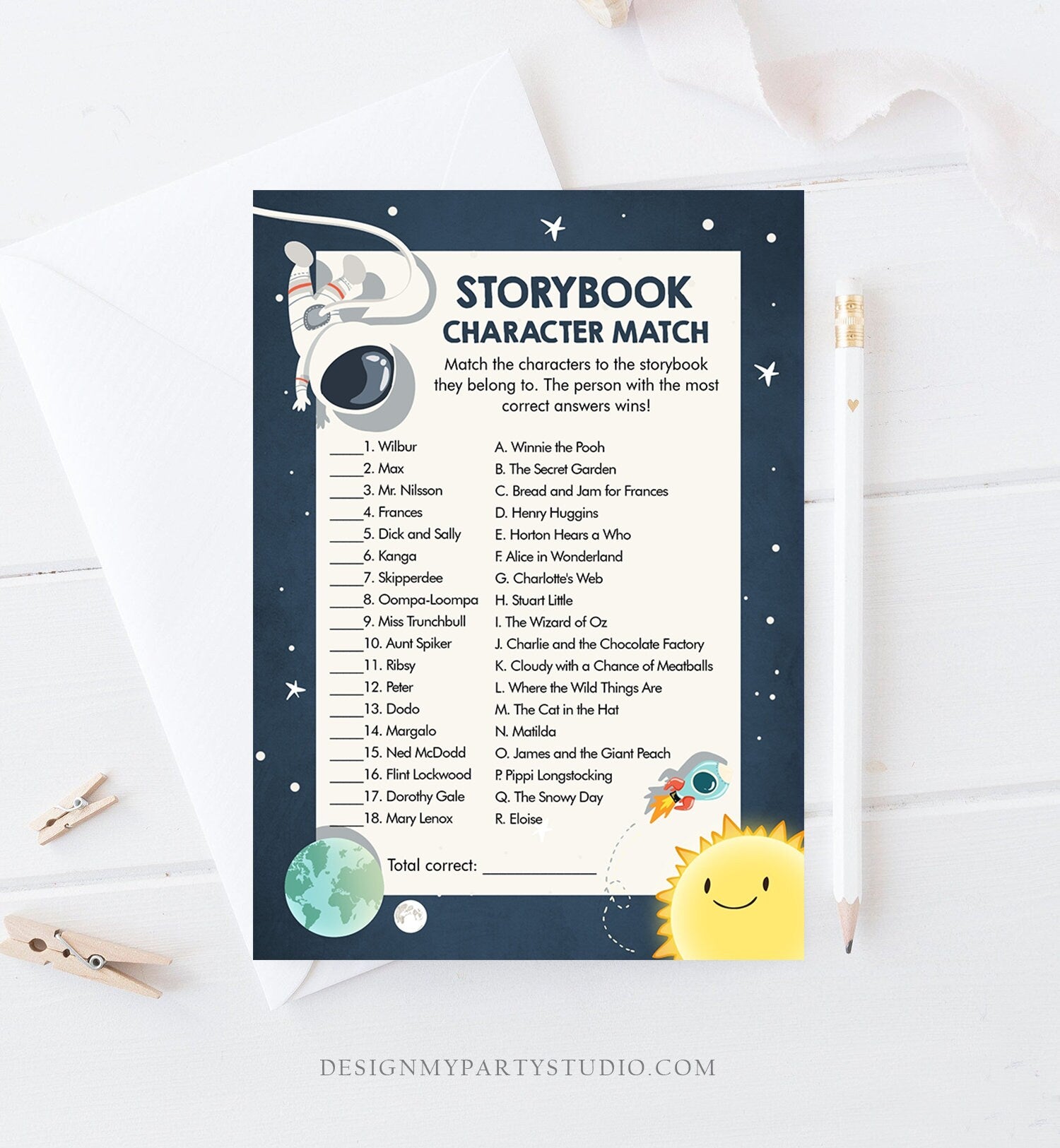 Editable Storybook Character Match Baby Shower Game Space Baby Shower Activity Astronaut Gender Neutral Corjl Template Printable 0046