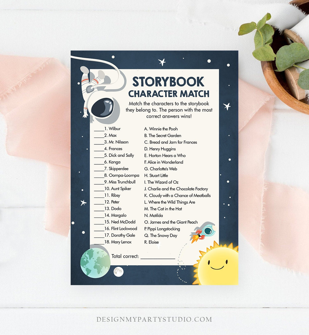 Editable Storybook Character Match Baby Shower Game Space Baby Shower Activity Astronaut Gender Neutral Corjl Template Printable 0046